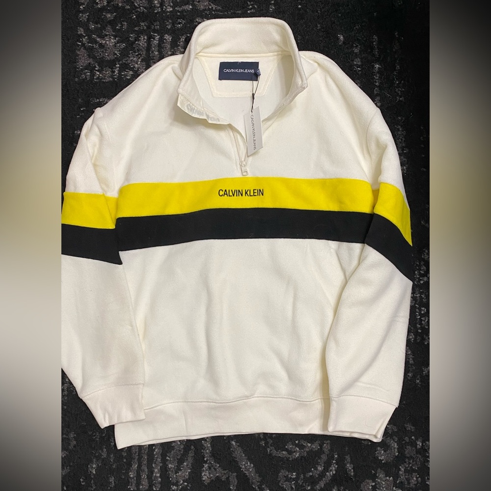 Calvin Klein Jeans XL off white, yellow and black half zip sweater